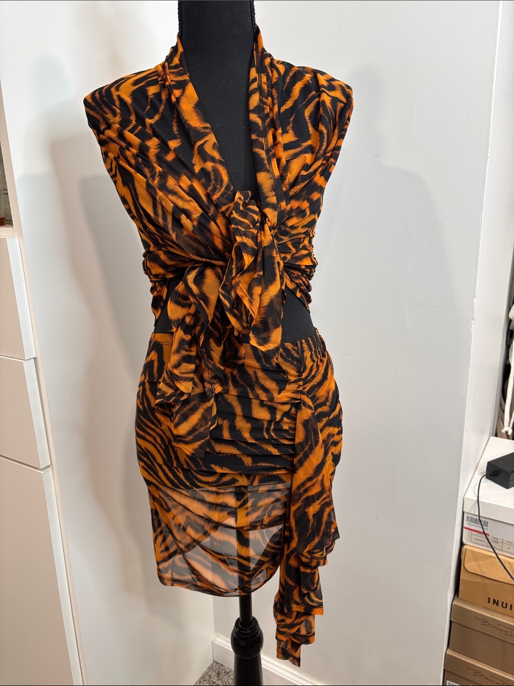 Tiger-Print Swim Skirt and Cardigan in Black & Orange